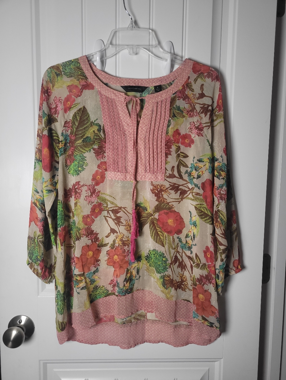 Floral Lace-Trimmed Pink Peasant Blouse by Investment - Women